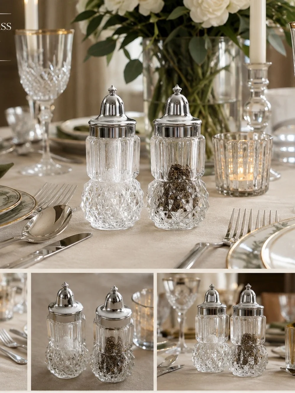 Crystal Glass Salt and Pepper Shakers with Silver Tops - Clear